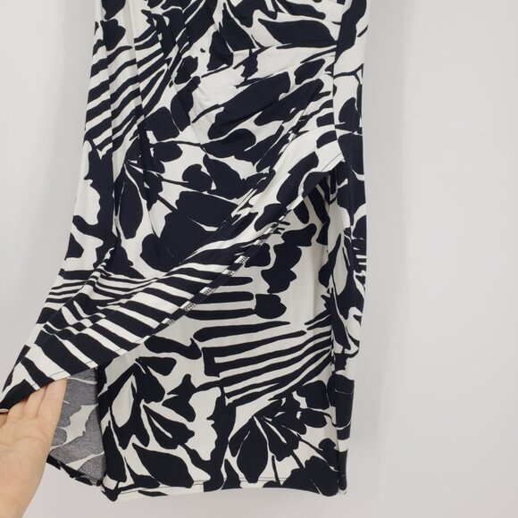 3/$25 Cache Faux Wrap Dress L Abstract Floral Bodycon Sheath Cap Sleeve Black - Picture 6 of 9